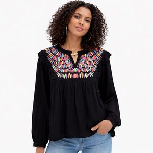 NWT Jodifl Embroidered Yoke Boho Peasant Blouse Black Multicolor 2X